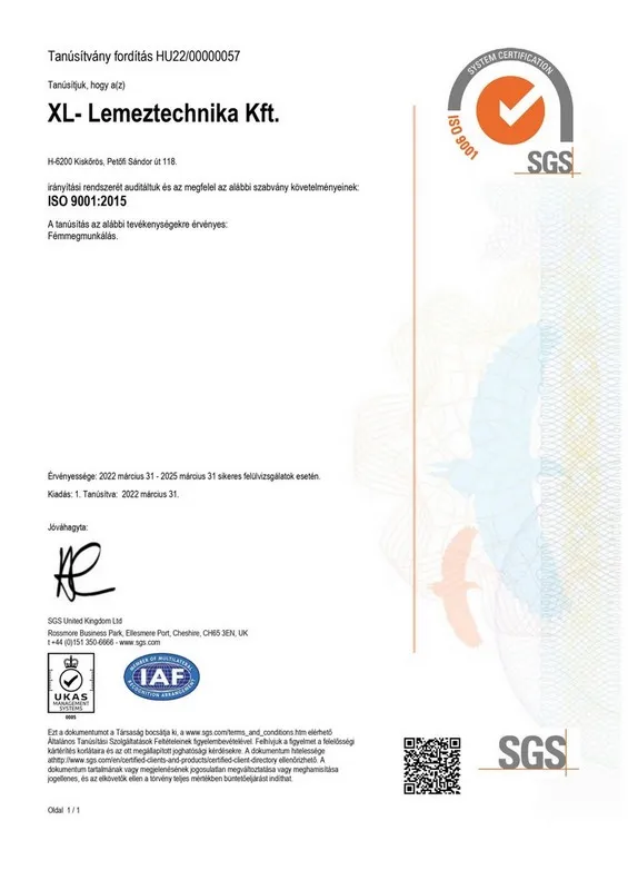 ISO 9001:2015 tanúsítvány